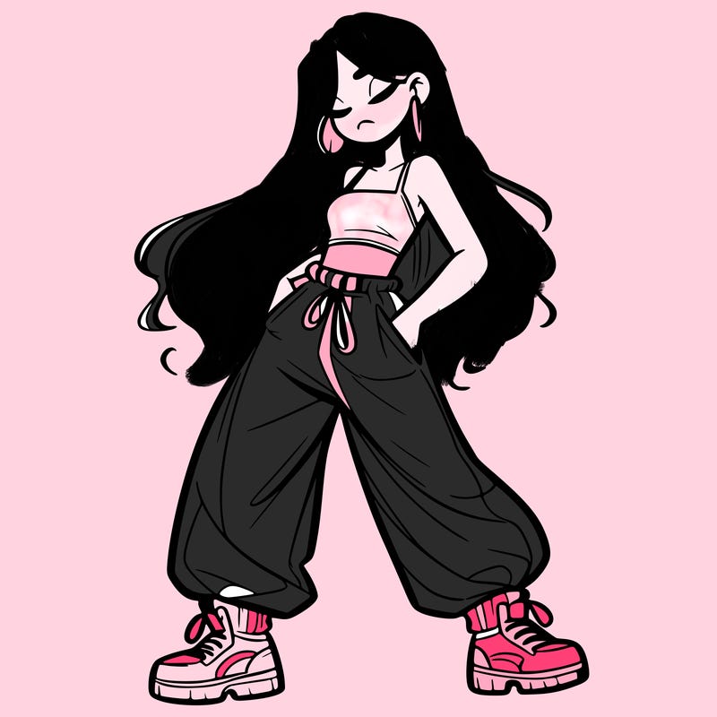 girl in baggy pants crop top and long hair
