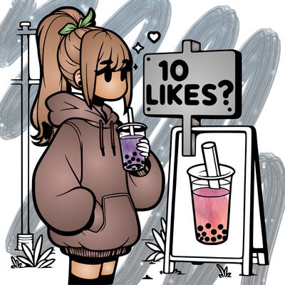 girl with oversized hoodie drinking boba and she has a high ponytail with a sign that says 10likes?