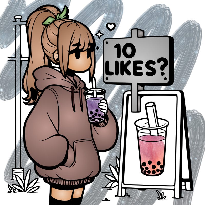 girl with oversized hoodie drinking boba and she has a high ponytail with a sign that says 10likes?