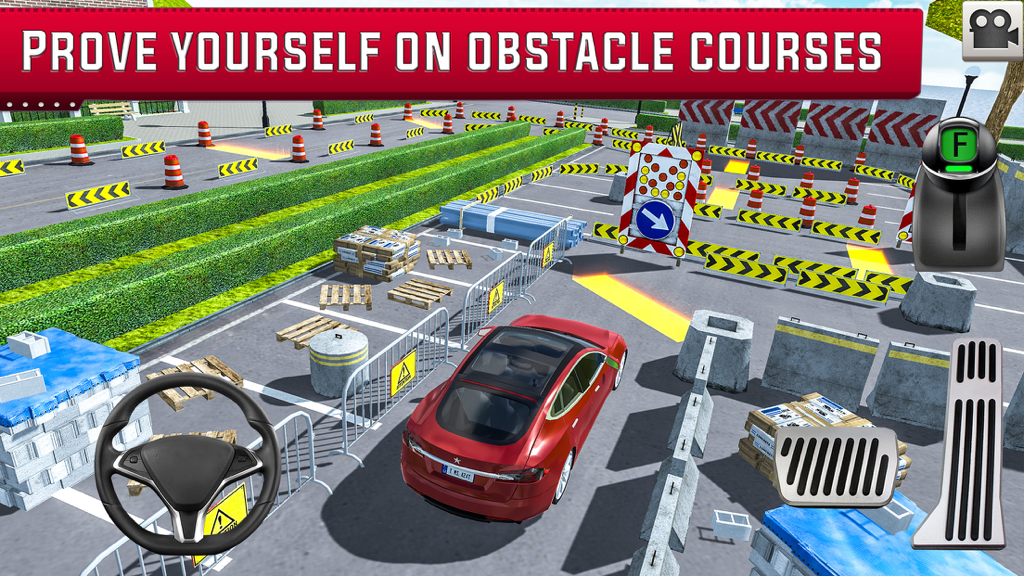 Crash City: Heavy Traffic Drive - Red car navigating a challenging obstacle course in a driving simulation game