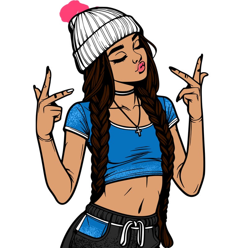 realistic teenage girl with braids and a beanie and crop top doing 🫶🏼