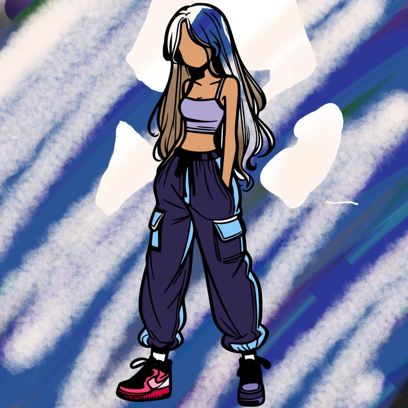 girl in baggy pants crop top and long hair