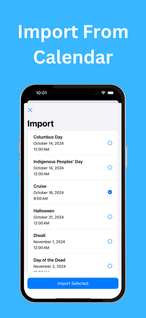 Count Me In: Shared Countdowns - Count Me In 앱으로 가져올 크루즈 및 할로윈과 같은 캘린더 이벤트 목록을 보여주는 인터페이스.