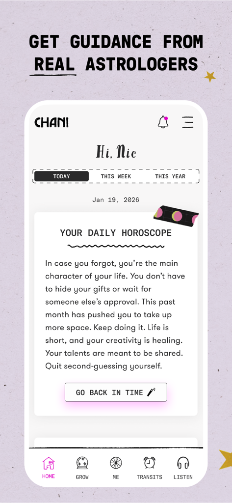 A screenshot of the CHANI app showing a personalized daily horoscope message and guidance from astrologers.