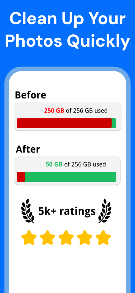 Slider - Photo Cleaner - Comparison of phone storage usage before and after using Slider Photo Cleaner showing significant space freed