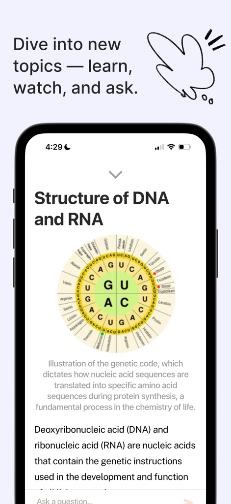 Campus - AI Learning Companion - Campus app interface displaying a biology lesson on DNA and RNA structure with a genetic code diagram