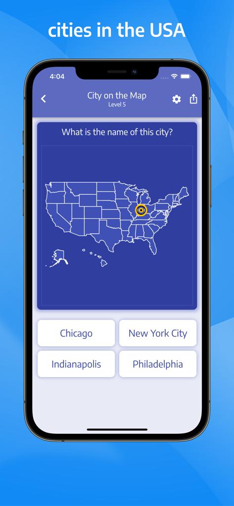 Eine Geografie-Quiz-Oberfläche, die eine Karte der USA mit einer hervorgehobenen Stadt und Multiple-Choice-Optionen wie Chicago und Indianapolis zeigt.