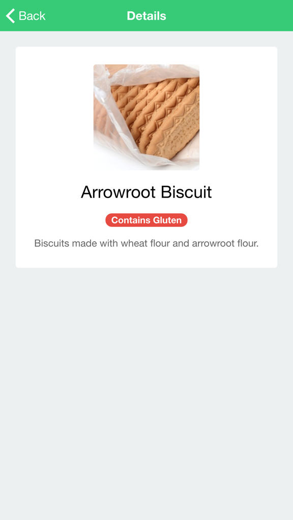 Gluten Free 24/7 - Gluten Free 24 7 앱에서 화살비름 비스킷에 대한 글루텐 경고 표시