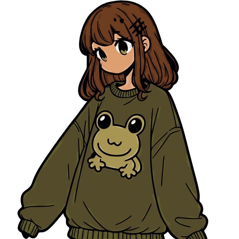 girl wearing frogging sweatshirt