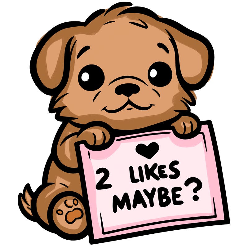 a puppy holding a sign that says 2 likes maybe?
