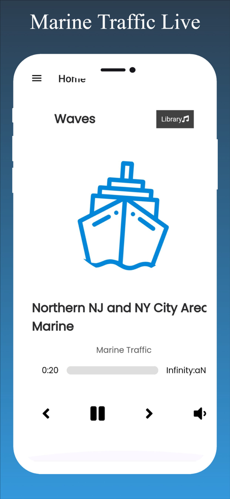 Audio-Player-Oberfläche in der Marine Traffic Live App für die maritime Kommunikation in Nord-New Jersey und New York City.