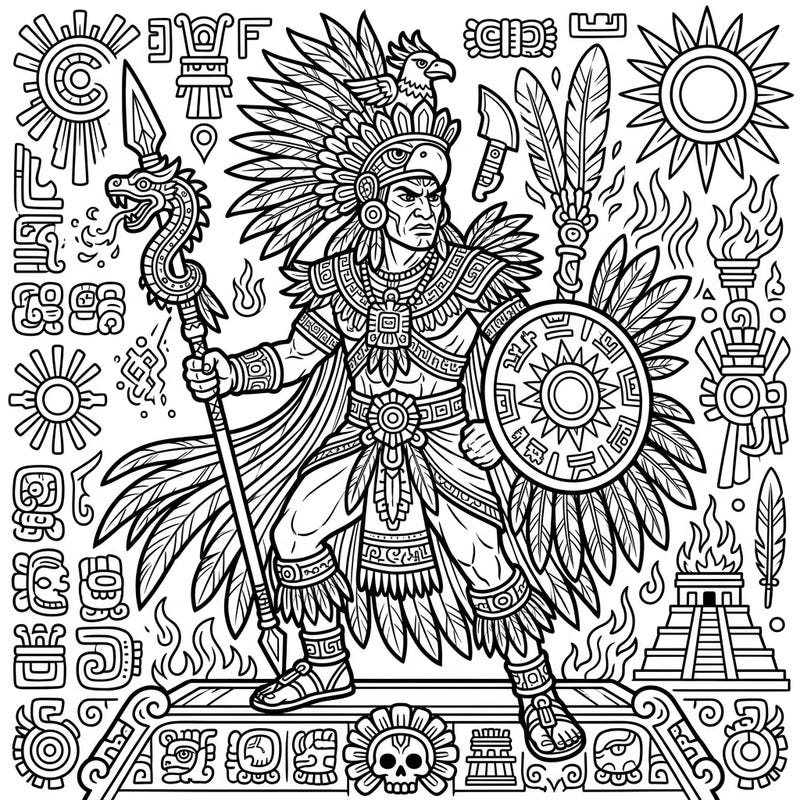 Unleash your creativity with this magnificent Huitzilopochtli coloring page, bringing to life the powerful Aztec god of war and sun. Dive into a world of ancient mythology and intricate designs, perfect for adult and teen colorists.
