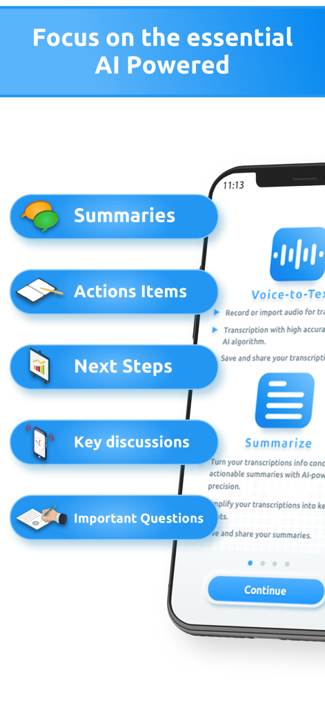 Transcribe Audio to Text – AI - Pantalla del smartphone que muestra funciones de transcripción impulsadas por IA como resúmenes, elementos de acción, próximos pasos, discusiones clave y preguntas importantes