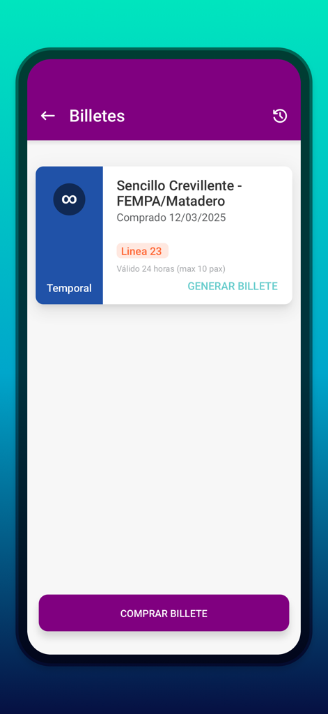 Alicante Bus - Alicante Bus app interface showing a purchased bus ticket and a button to buy new tickets