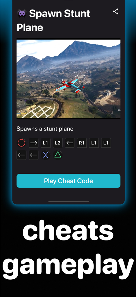 Cheat Codes for GTA Cheats Pro - Cheat code screen for spawning a stunt plane in GTA with controller button sequences