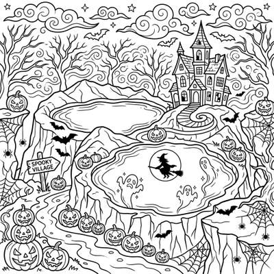Unleash your creativity with this eerie yet enchanting Halloween coloring page, featuring majestic crater lakes transformed into a spooky landscape. Discover haunted houses, flying witches, and grinning jack-o'-lanterns ready for your artistic touch.