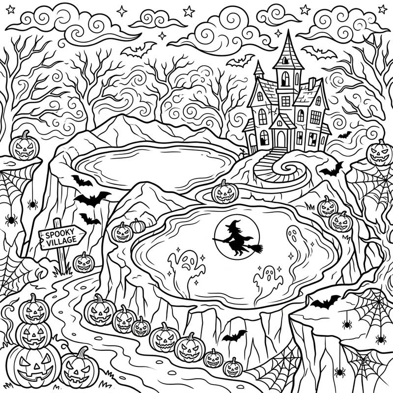 Unleash your creativity with this eerie yet enchanting Halloween coloring page, featuring majestic crater lakes transformed into a spooky landscape. Discover haunted houses, flying witches, and grinning jack-o'-lanterns ready for your artistic touch.
