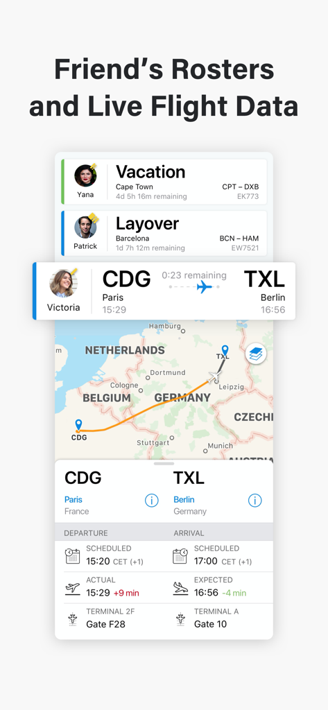 OffBlock app screenshot displaying crew member rosters and live flight tracking with a map and arrival details