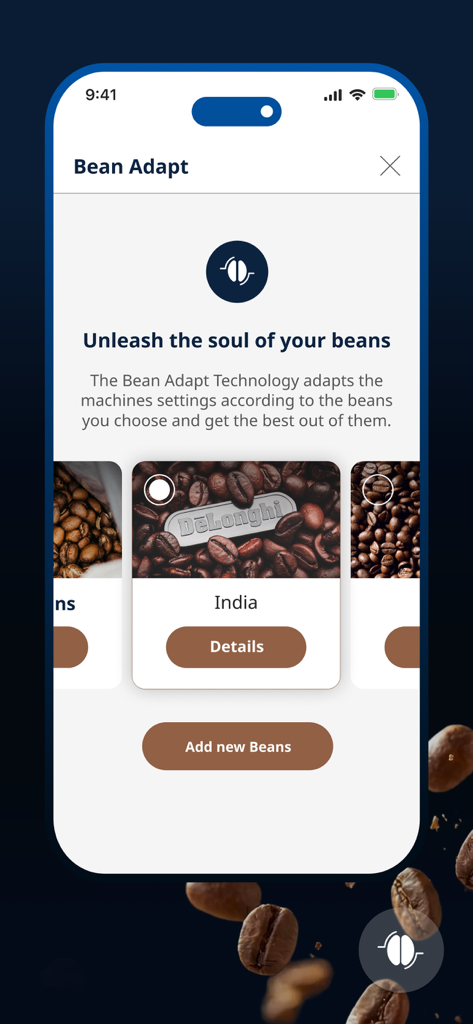 De'Longhi COFFEE LINK - Benutzeroberfläche der De'Longhi COFFEE LINK App, die den Bean Adapt Technology-Bildschirm zeigt, auf dem Benutzer Einstellungen für verschiedene Kaffeebohnen auswählen und anpassen können