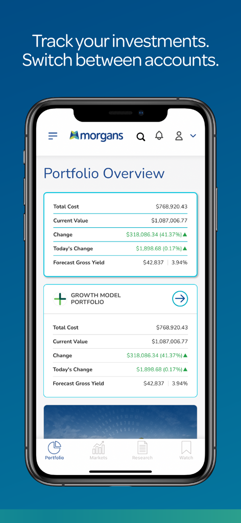Morgans Financial Limited - Morgans Financial mobile app screenshot showing a portfolio overview with investment tracking data including total cost and current value on an iPhone.