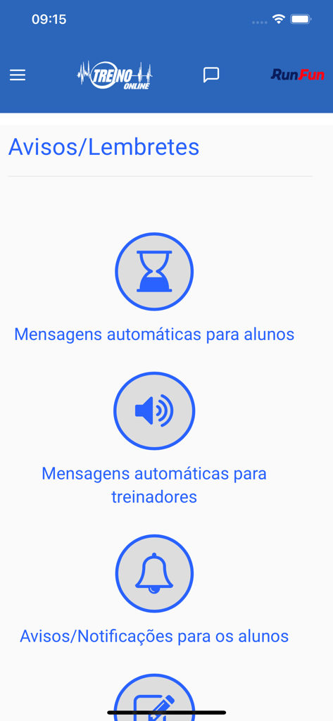 Treino Online for Coach - Interface of the Treino Online for Coach app showing automated messaging and notification options for trainers and students.