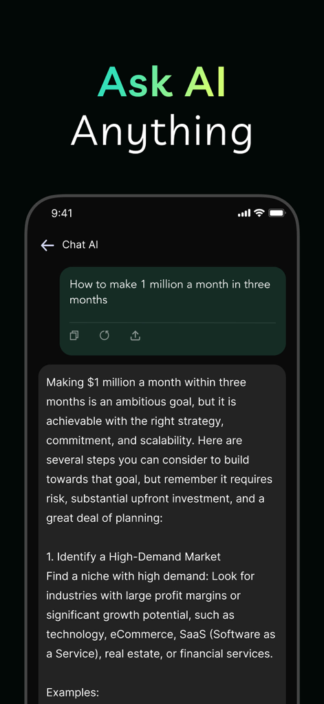 Deep AI Chat - AI Assistant - Deep AI Chat app interface showing an artificial intelligence response to a business inquiry in dark mode