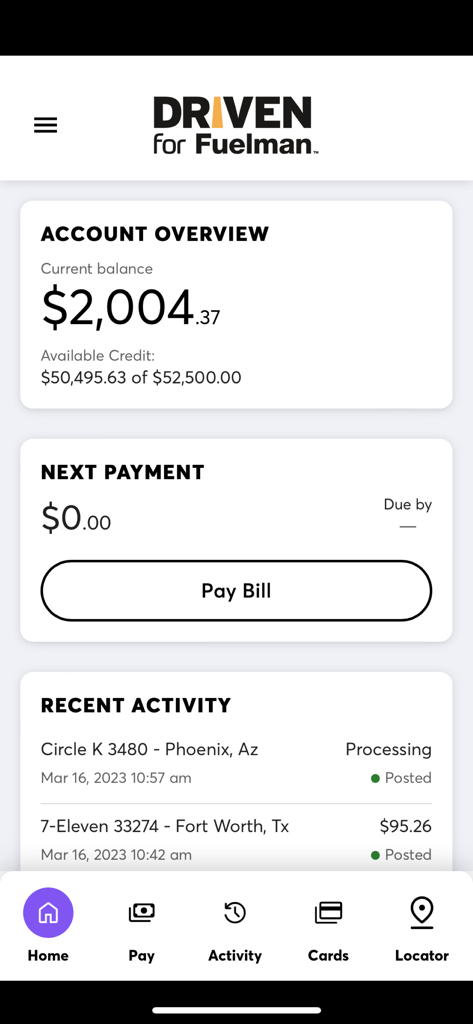 DRIVEN FOR FUELMAN® - Driven for Fuelman app dashboard showing fuel account balance and recent transactions