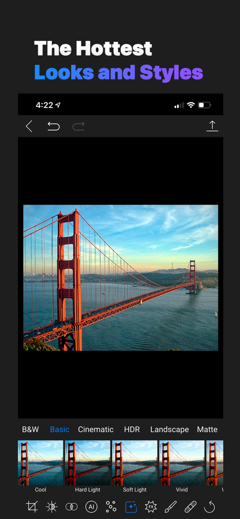 Photo editing interface of ON1 Photo RAW for Mobile showing various presets like Cool and Vivid applied to a landscape photo of the Golden Gate Bridge.