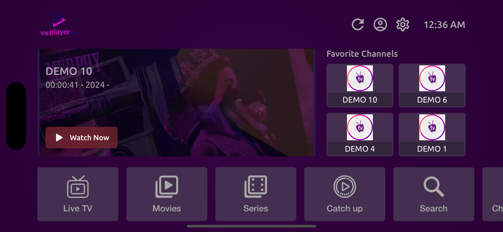 VU PLAYER PRO - VU PLAYER PRO dashboard showing Live TV Movies and Series categories with a sleek dark interface