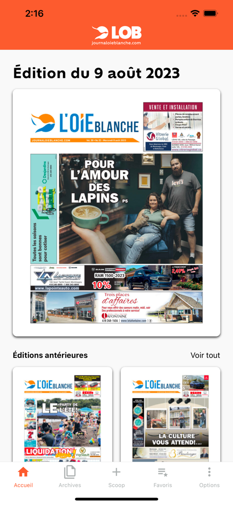 L’Oie Blanche - Écran d'accueil de l'application L'Oie Blanche affichant les éditions du journal numérique local