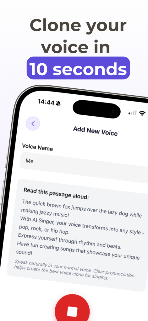 A smartphone screen showing the 10-second voice cloning process in the AI Singer app.