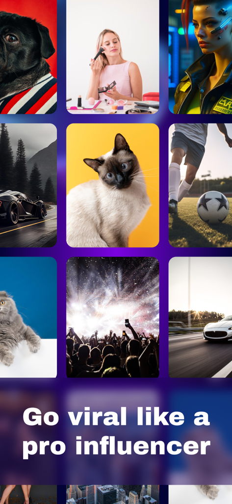 FameTop - Viral Fans Growth - A montage of trending photos including pets, sports, and fashion with the text Go viral like a pro influencer