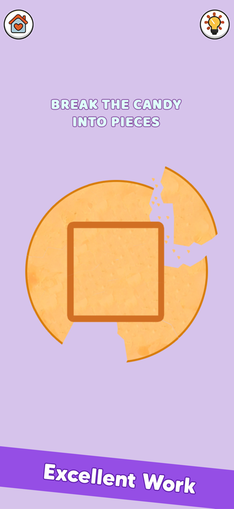 A minimalist puzzle game level where the player breaks a Dalgona candy around a square shape.