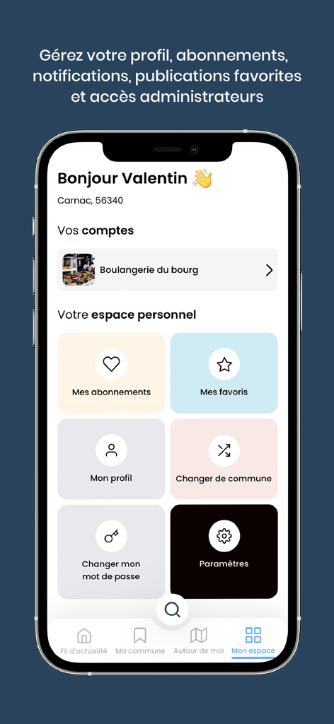 Mon Village - infos & services - Mon Village app user profile screen showing personal account settings and local business subscriptions
