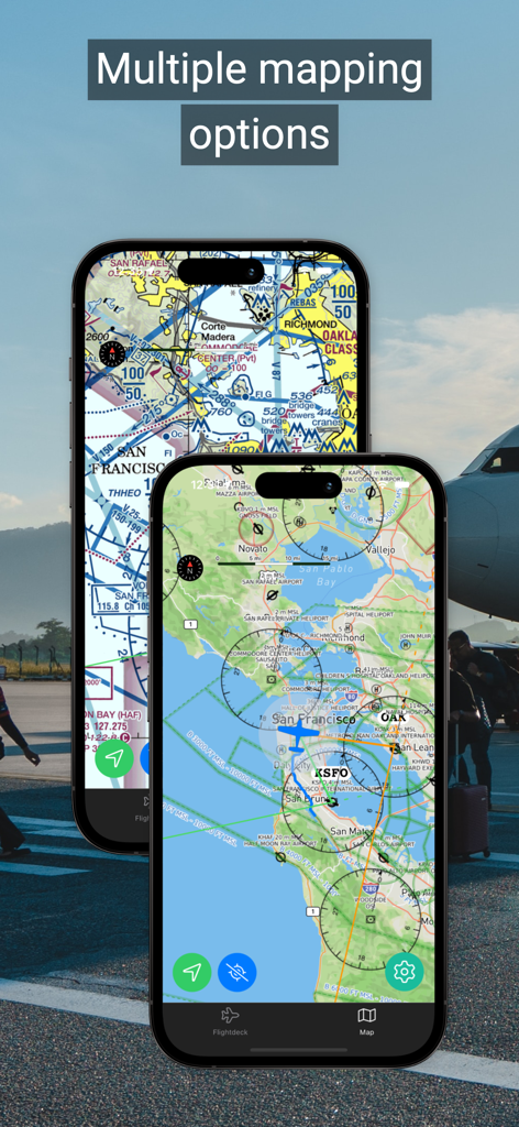fDeck: flight instruments - Zwei Smartphones zeigen die fDeck App mit mehreren Kartenoptionen, einschließlich Luftfahrtkarten und Navigations-Overlays