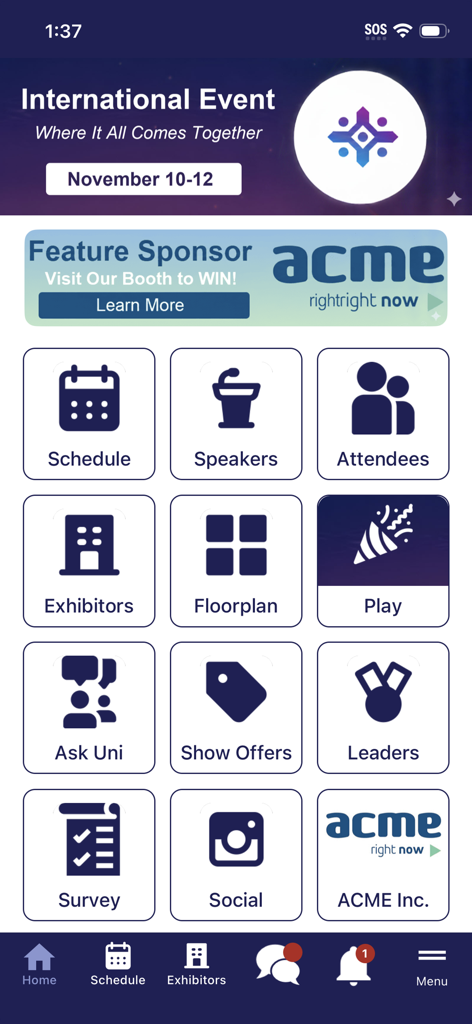 myShowApp - Home dashboard of the myShowApp mobile application featuring navigation icons for event schedule speakers exhibitors and floorplan
