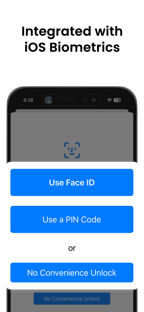 Strongbox - Password Manager - Écran de l'application Strongbox montrant les options de déverrouillage Face ID et code PIN intégrées aux données biométriques d'iOS