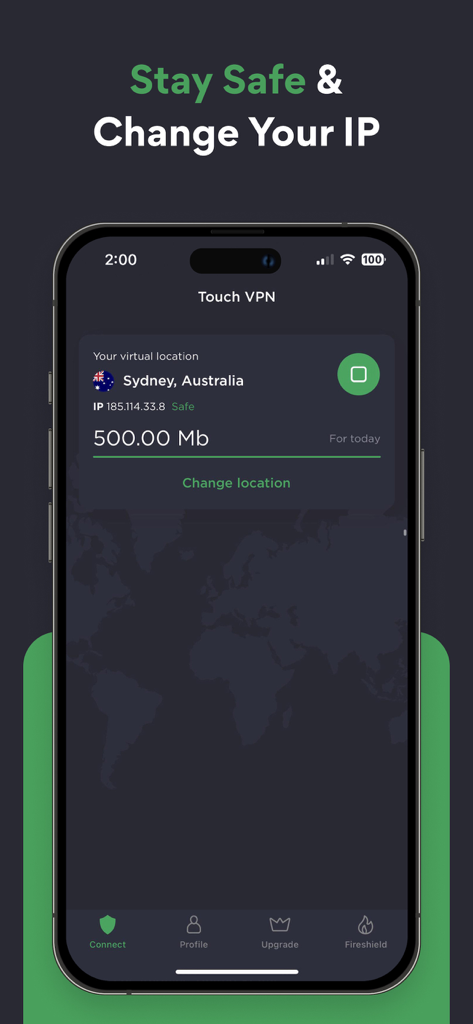 Touch VPN app interface showing a virtual location connection to Sydney Australia with an option to change IP address