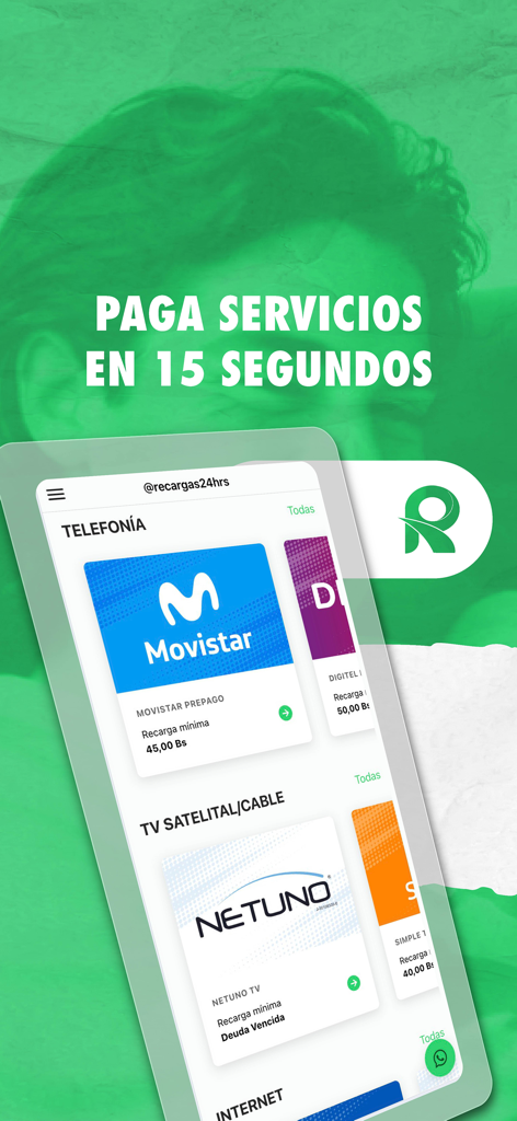 Recargas24hrs - Interfaz de la app Recargas24hrs para pagos rápidos de servicios móviles y de TV en Venezuela