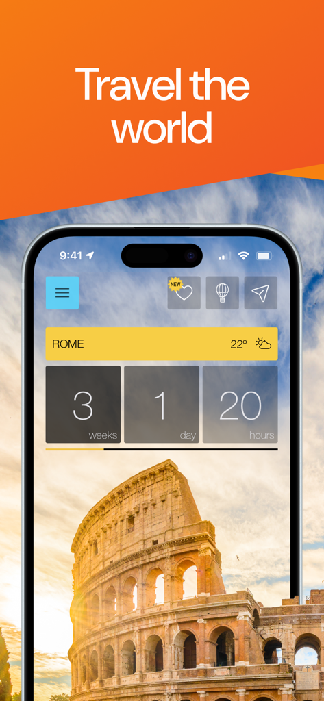 Ready Set Vacation! Countdown - Vacation countdown app showing a timer for a trip to Rome with a Colosseum background and weather information