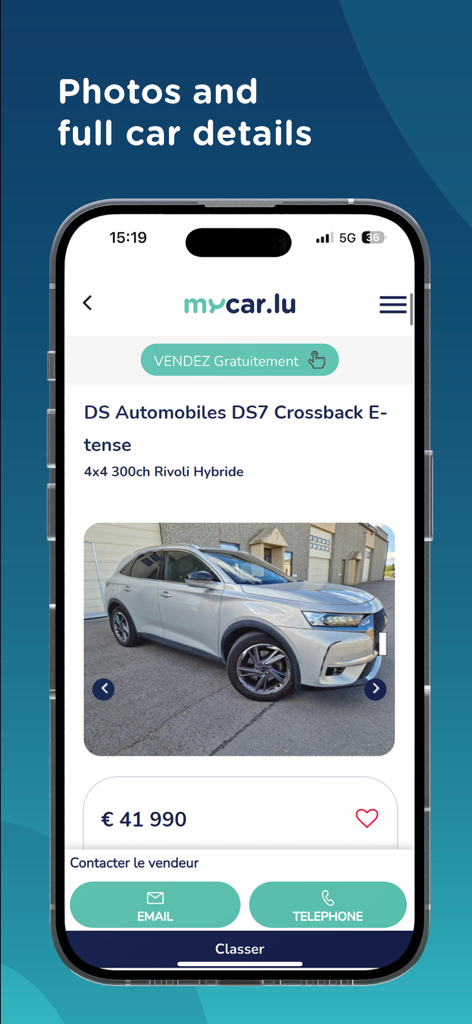 Mycar.lu - Mycar.lu mobile app screen showing a detailed used car listing with high quality photos and pricing information.