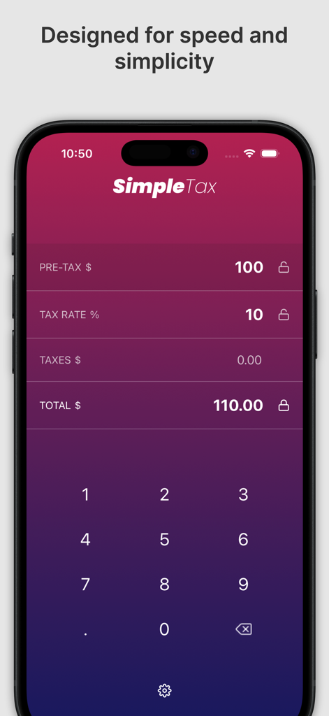 SimpleTax Quick Tax Calculator - SimpleTaxアプリのインターフェース。テンキーとピンクから紫へのグラデーションテーマを備えたクイック税金計算用