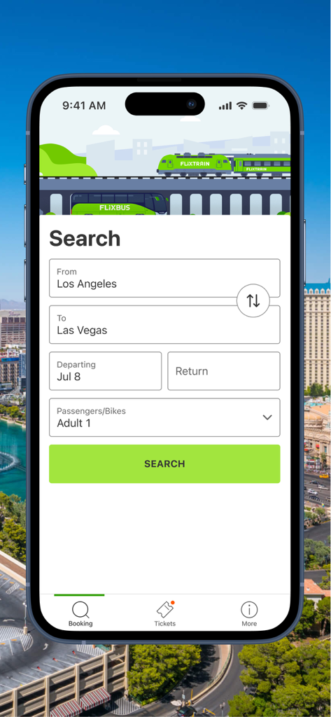 FlixBus-App-Suchoberfläche zur Buchung einer Fahrt von Los Angeles nach Las Vegas