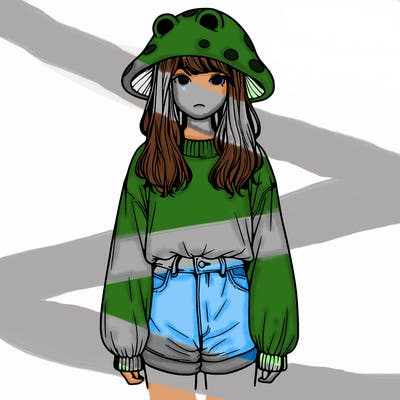 a realistic girl with a frog hat and baggy mushroom shirt