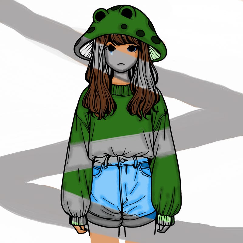 a realistic girl with a frog hat and baggy mushroom shirt