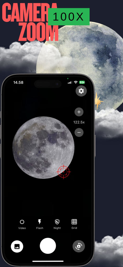 Camera Zoom 100x HD Lens - 카메라 줌 HD 렌즈 앱을 사용하여 달을 100배 고화질로 확대한 아이폰 화면