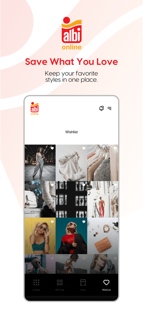 Uma tela de aplicativo móvel para Albi Online mostrando uma lista de desejos de moda com várias imagens de estilo curadas e um feed de compras personalizado.