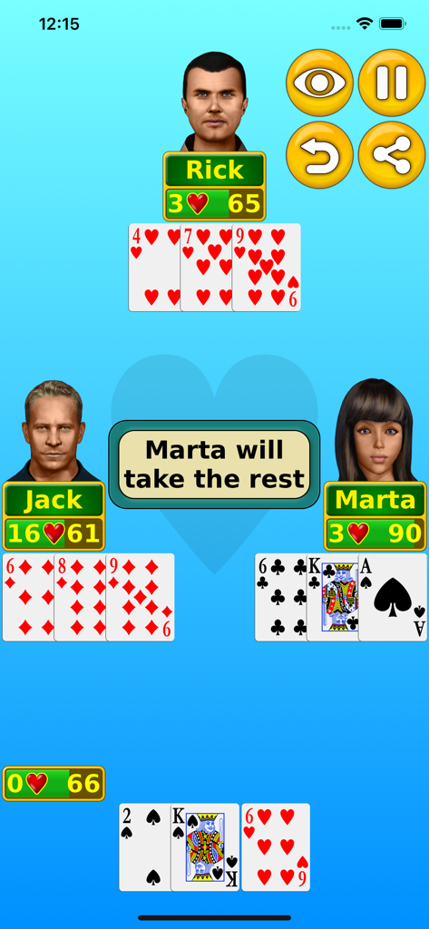 Interface de jogabilidade móvel do jogo de cartas Copas com quatro jogadores e acompanhamento de pontuação