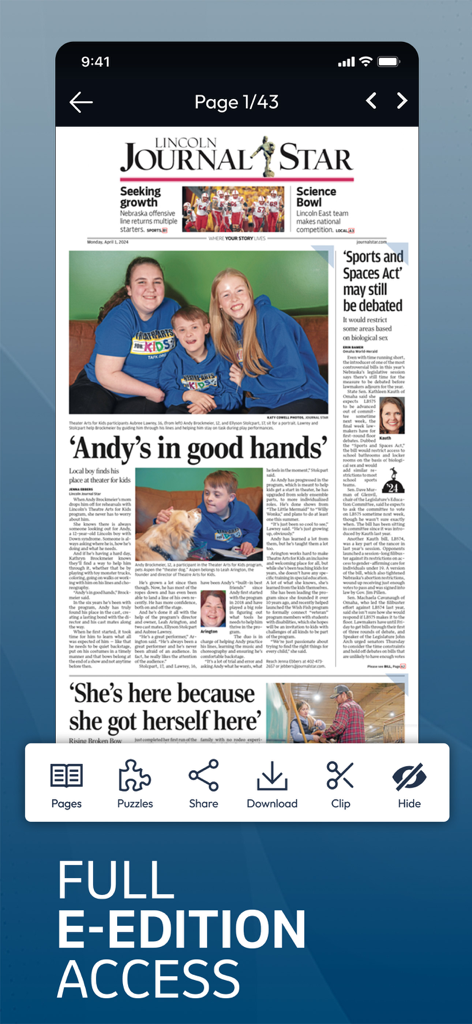 Journal Star - Screenshot of the Lincoln Journal Star mobile app displaying the digital E-edition of the newspaper.