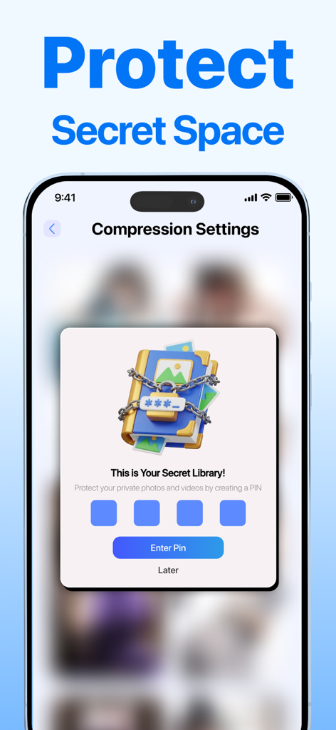 iPhone screen showing the Secret Library feature of AI Cleaner with a PIN entry to protect private photos and videos.